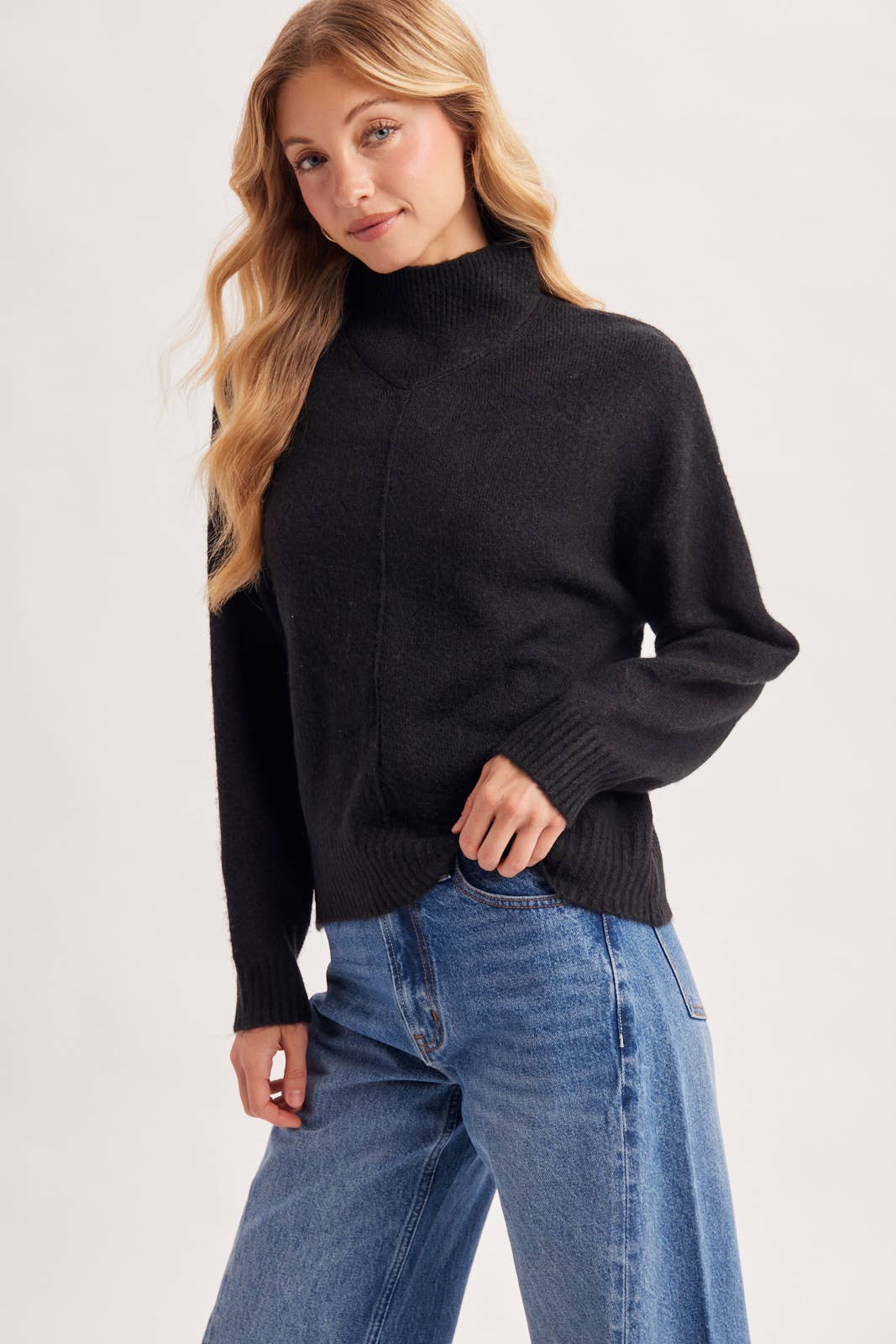 Kaya Mock Neck Basic Knit Sweater, Feathered Farmhouse