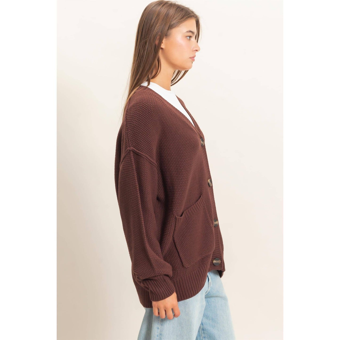 Textured Oversized Knit Buttoned Cardigan, Feathered Farmhouse
