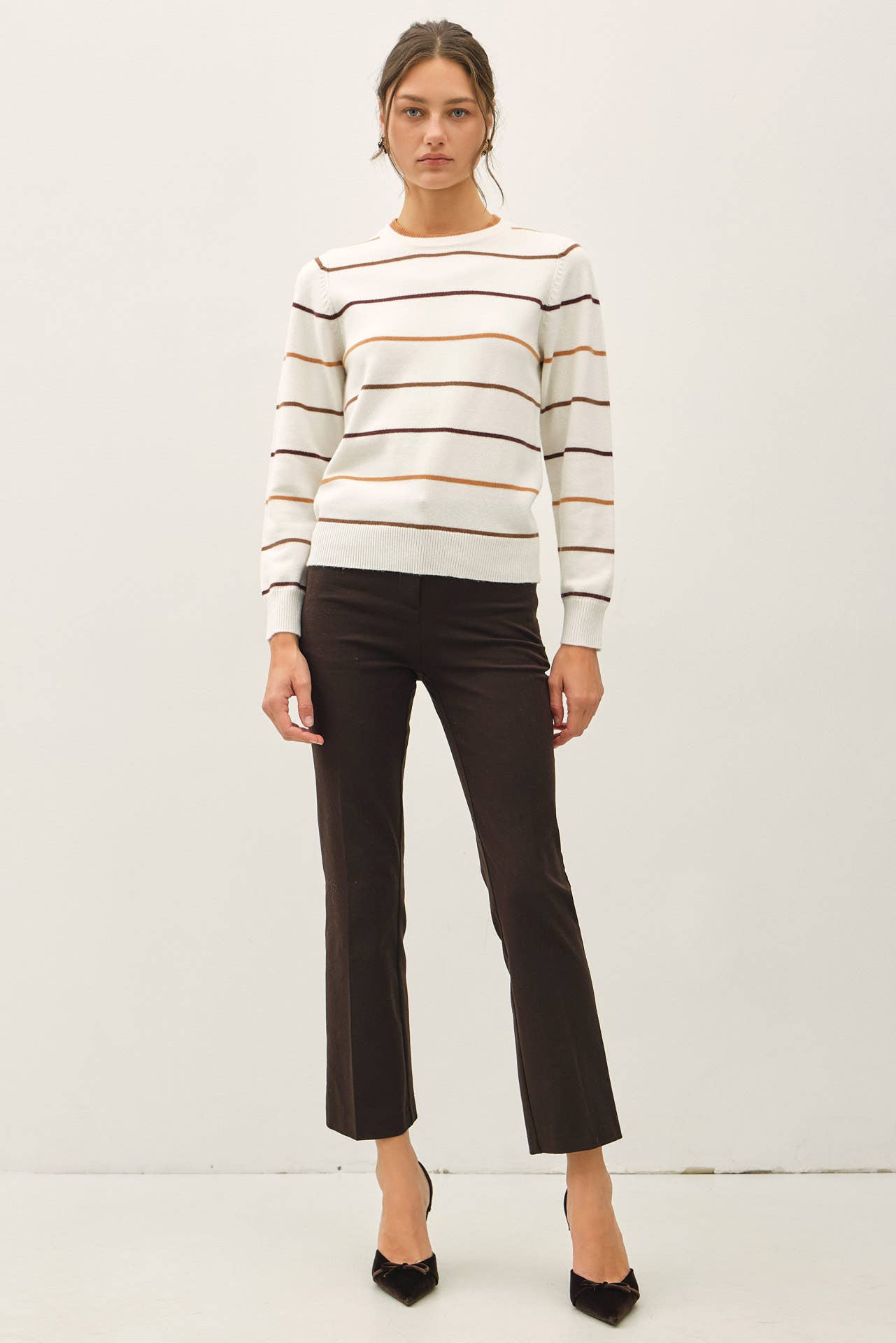 Double Layered Look Stripe Sweater, Feathered Farmhouse