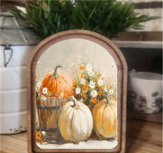 Pumpkin Bucket Framed Art Arch Top, Feathered Farmhouse