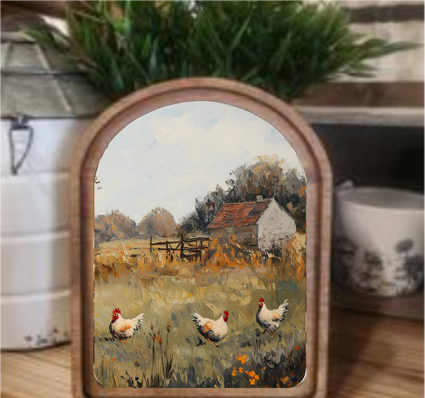 Chicken Painting Framed Arch Top, Feathered Farmhouse