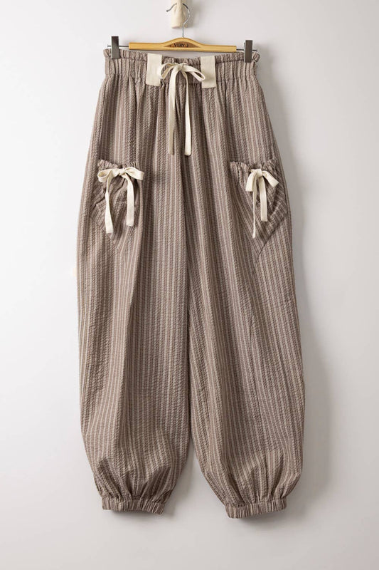 Bow Detail Stripe Textured Woven Pants, Feathered Farmhouse