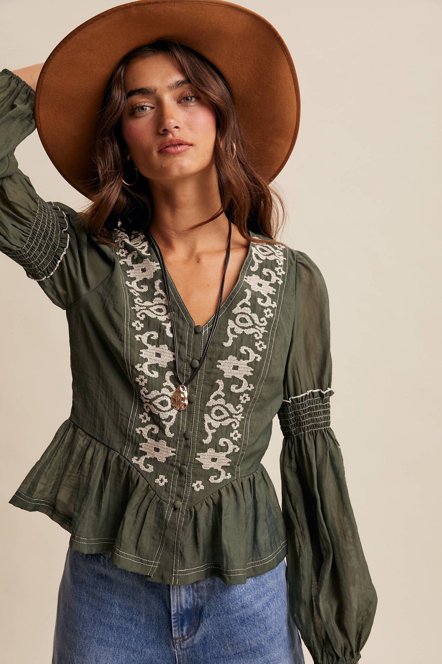 Embroidered Peplum Blouse, Feathered Farmhouse