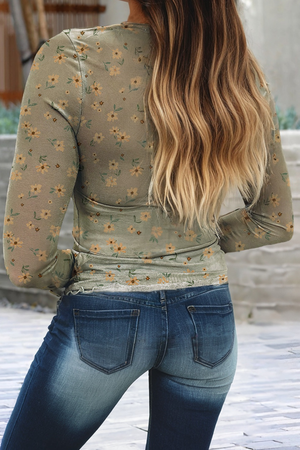 Vintage Floral Print Southern Style Mesh Long Sleeve Top, Feathered Farmhouse