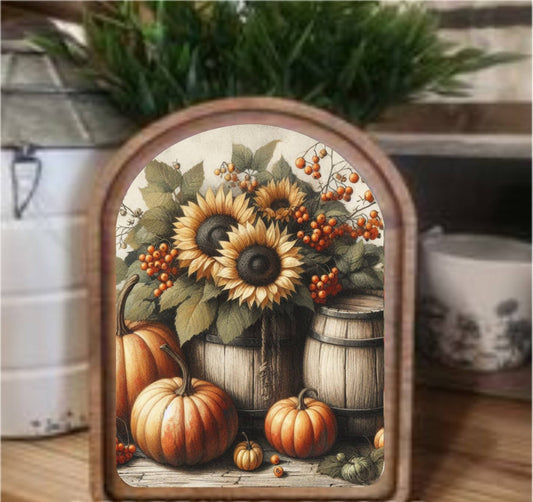Sunflower Barrel Framed Art Arch Top, Feathered Farmhouse