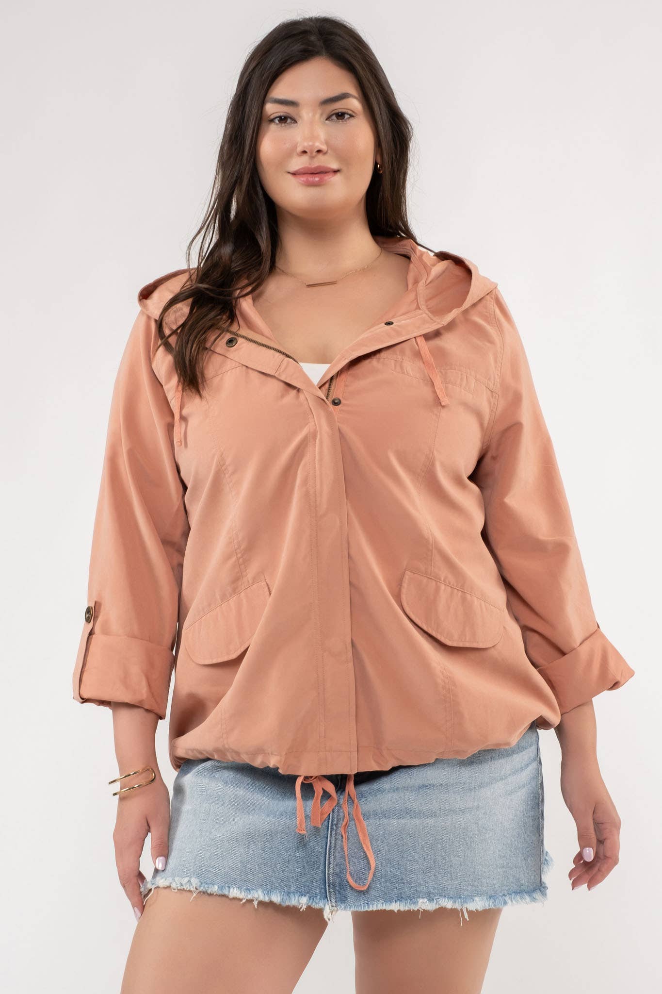 Snap Button Zip Up Hooded Jacket, Feathered Farmhouse