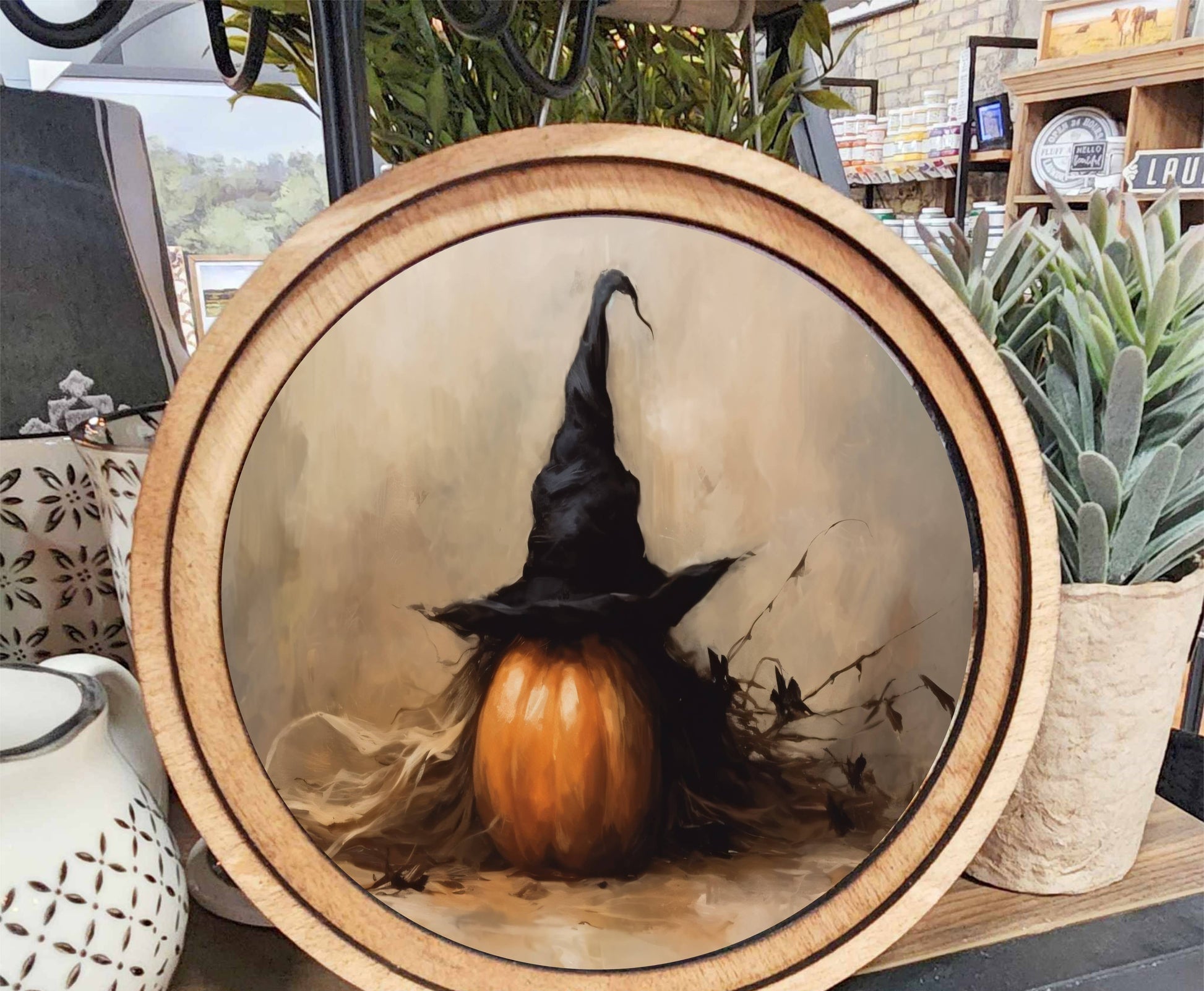 Round Halloween Pumpkin Witch Hat Art, Feathered Farmhouse