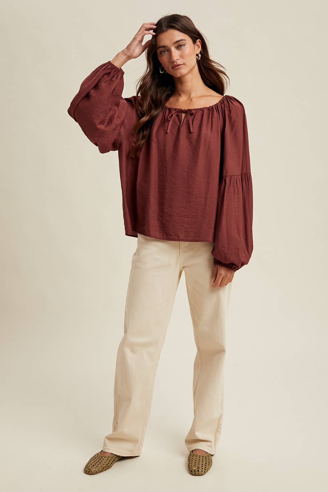 Drop Shoulder Loose Blouse, Feathered Farmhouse