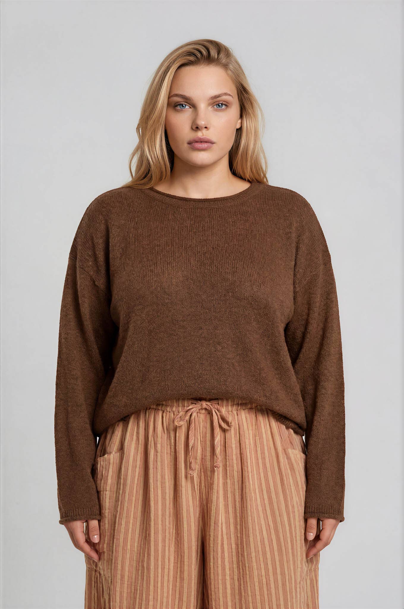 Plus Textured Raw Edge Long Sleeve Knit Sweater, Feathered Farmhouse 