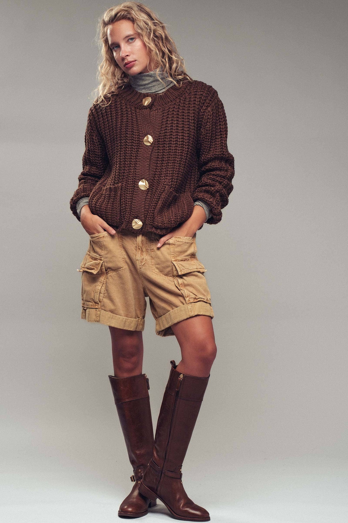 Brown Chunky Gold Button Ribbed Knit Cardigan, Feathered Farmhouse