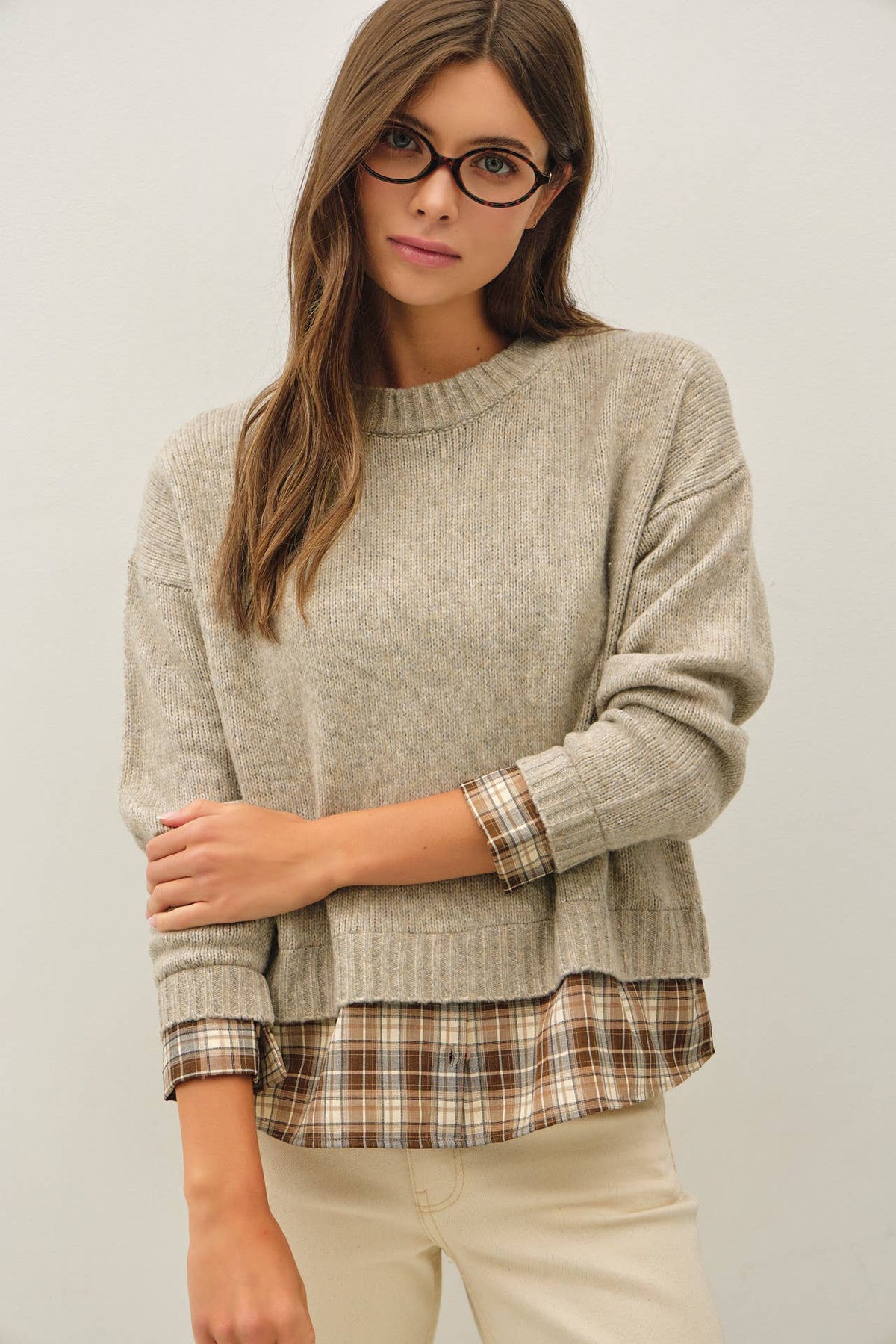 Katrina Plaid Shirt Layered Look Sweater, Feathered Farmhouse