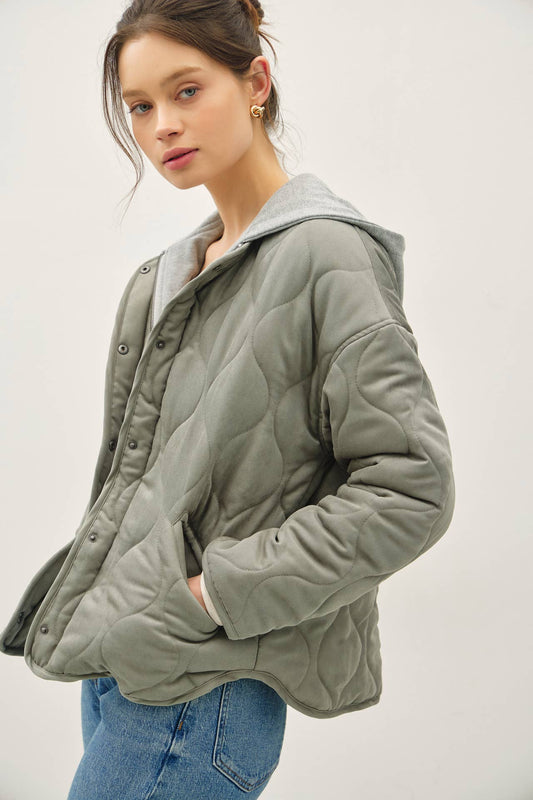 Olive Quilted Jacket with Attachable Hood, Feathered Farmhouse