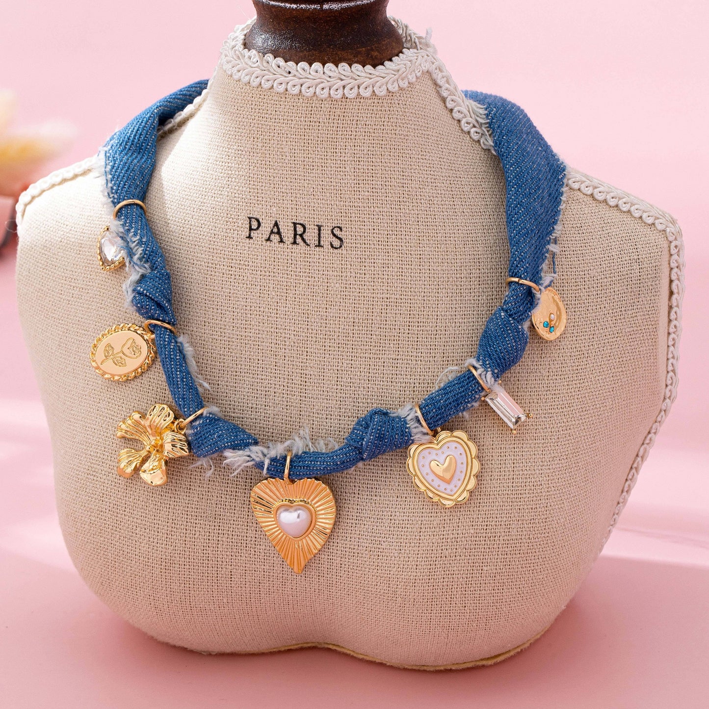 Distressed Denim Heart Floral Charm Necklace, Feathered Farmhouse