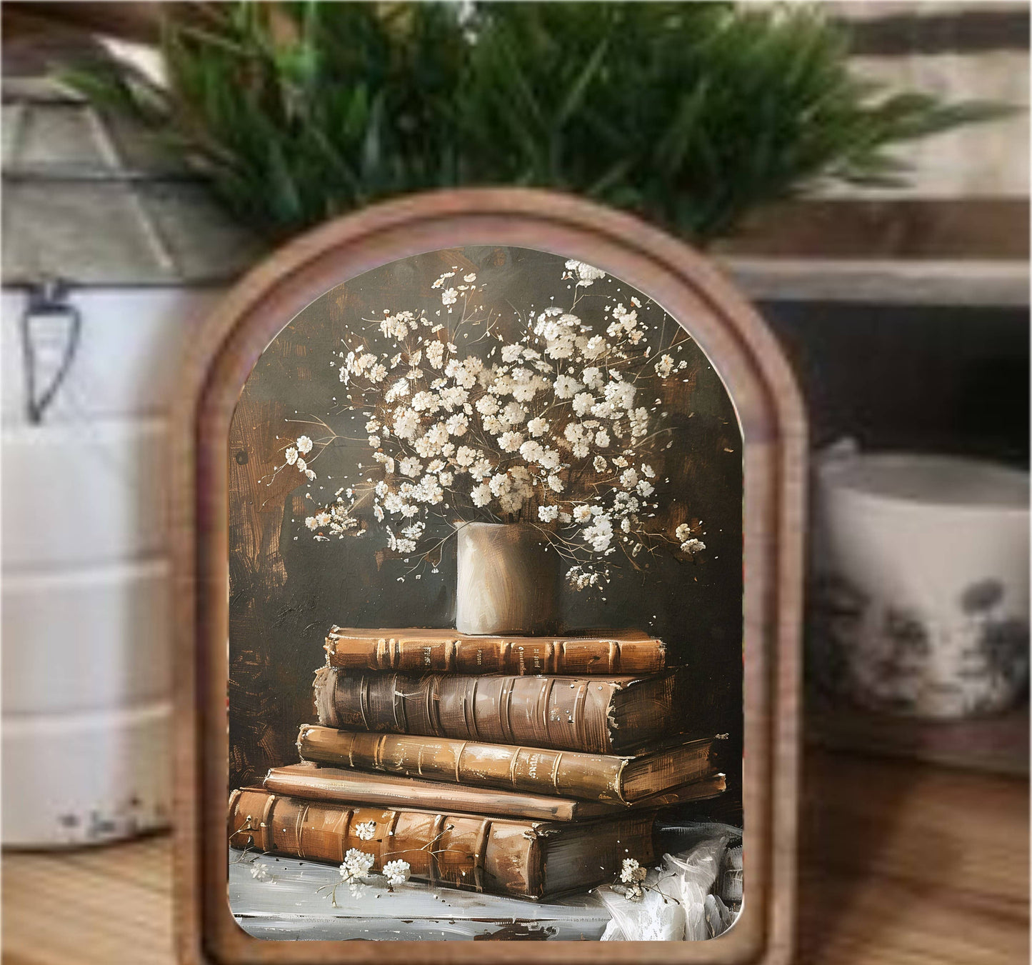 Books With Flowers Framed Art Arch Top, Feathered Farmhouse
