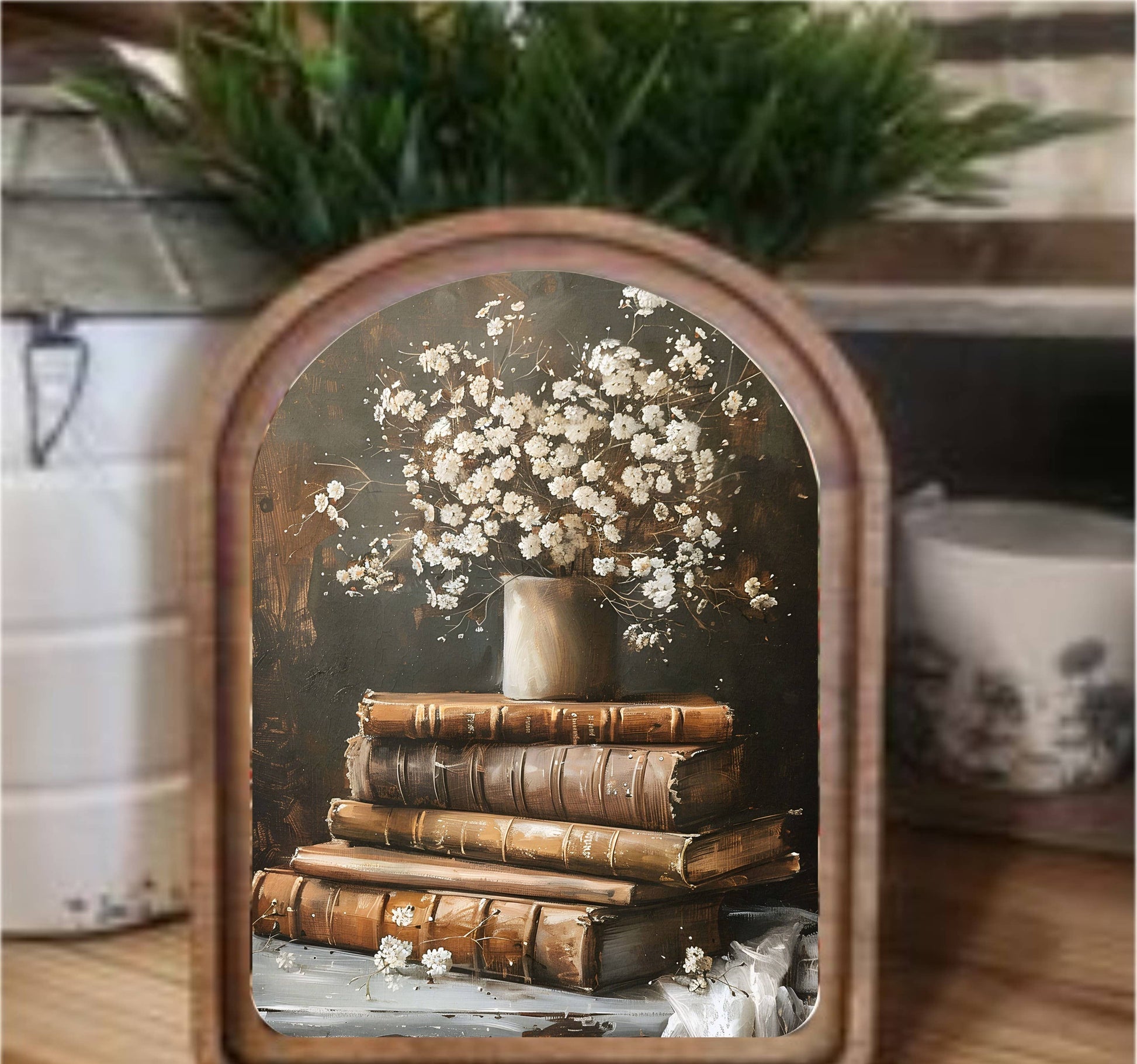 Books With Flowers Framed Art Arch Top, Feathered Farmhouse