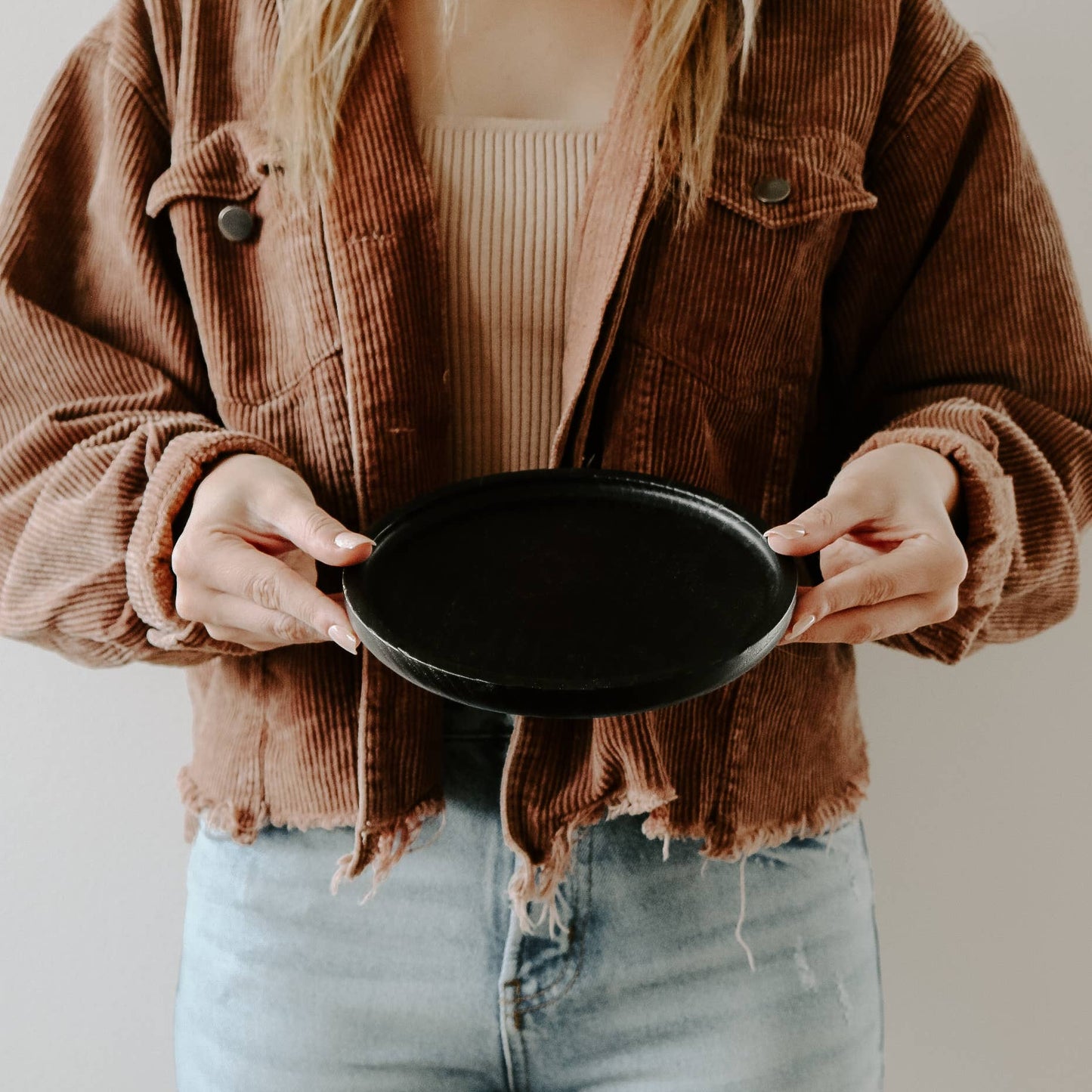 Black Round Wood Tray, Feathered Farmhouse