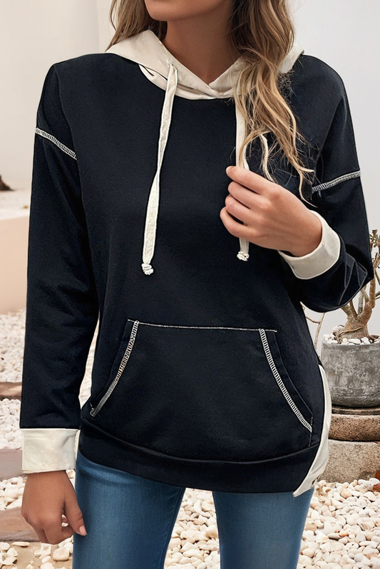 Contrast Seam Color Block Hooded Sweatshirt, Feathered Farmhouse