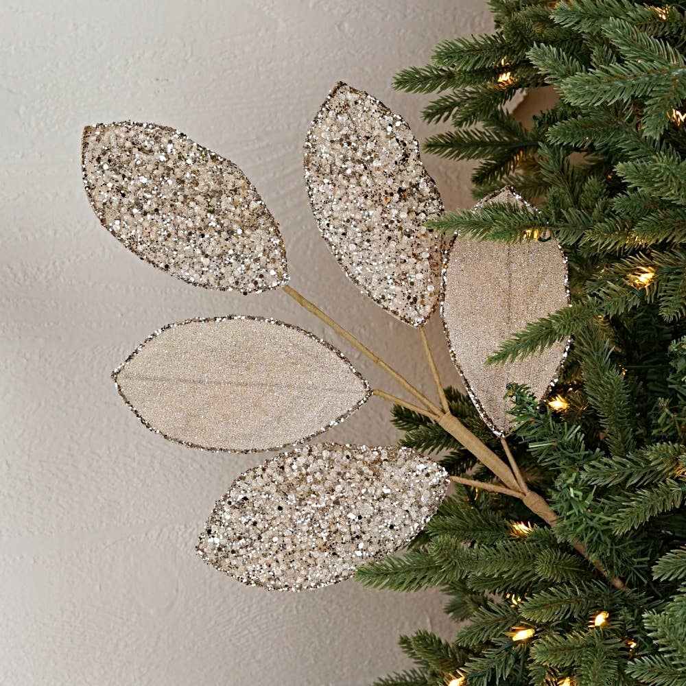 Champagne Beaded Metallic Velvet Magnolia Leaves, Feathered Farmhouse