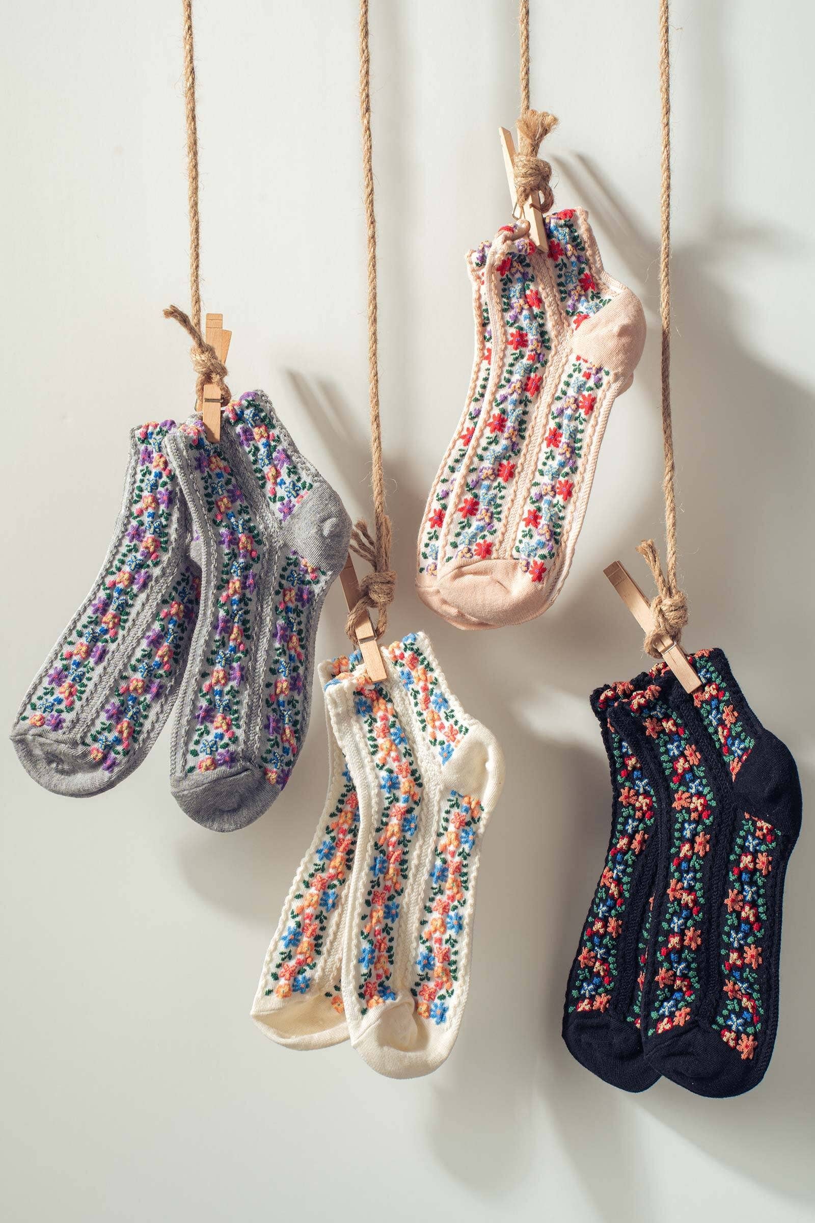 Vintage Floral Embroidered Socks, Feathered Farmhouse
