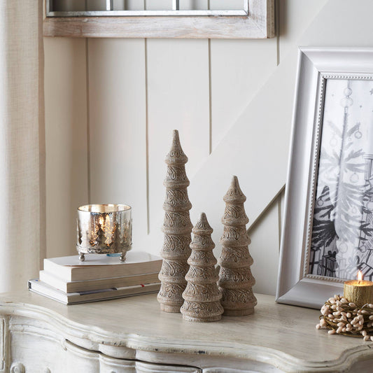 Carved Conical Wooden Christmas Tree, Feathered Farmhouse