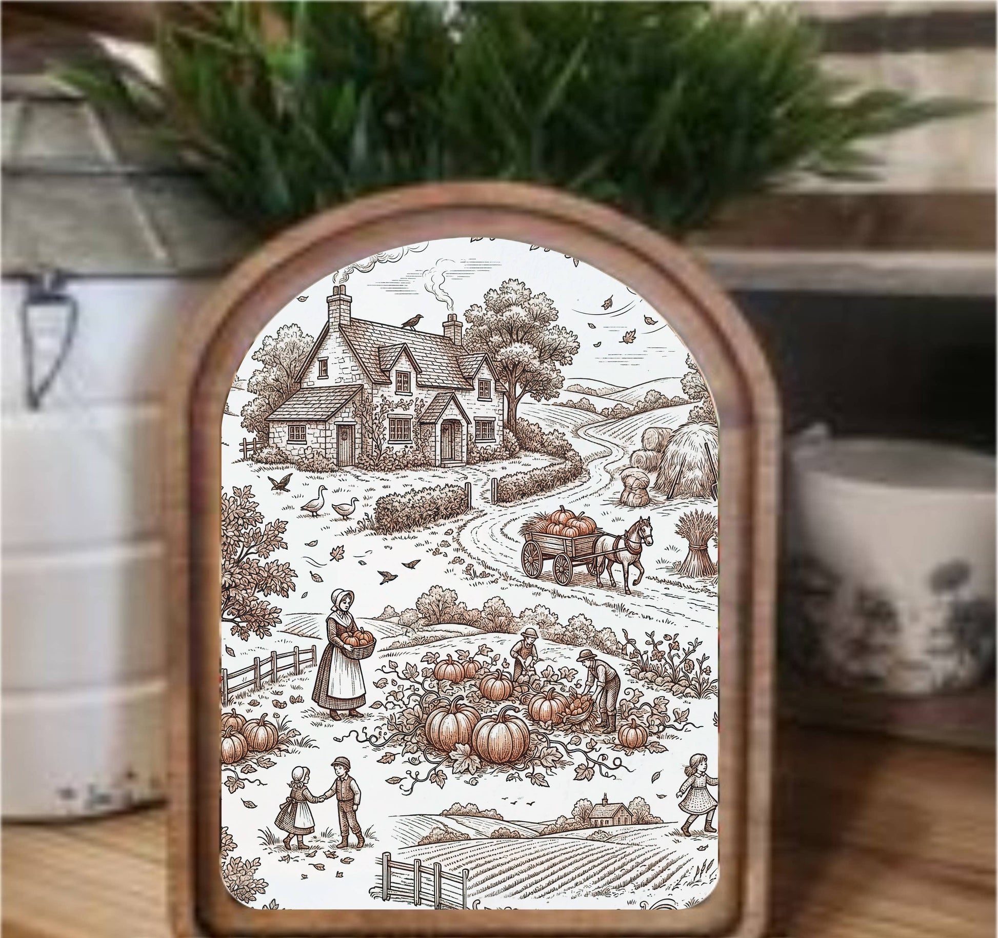 Pumpkin Toile Framed Arch Top, Feathered Farmhouse