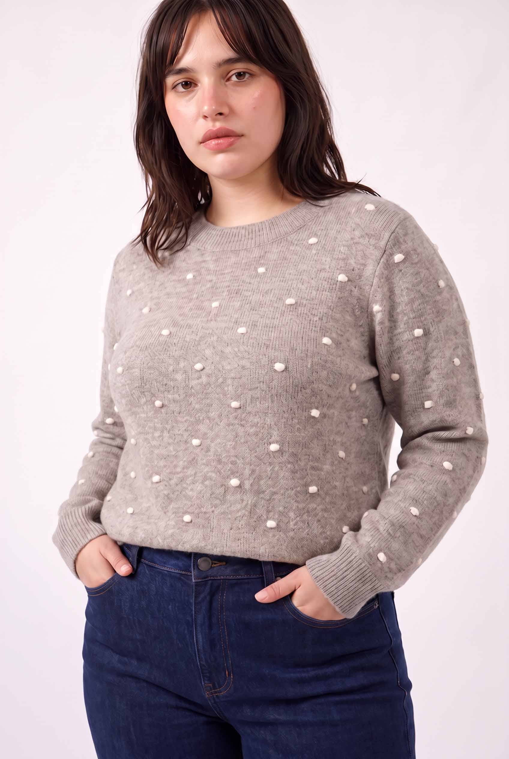 Cozy Dotted Knit Crewneck Sweater, Feathered Farmhouse