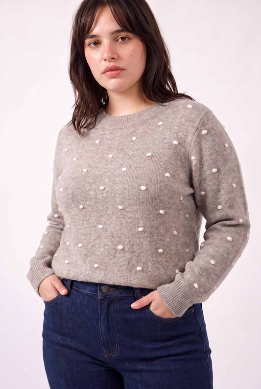 Cozy Dotted Knit Crewneck Sweater, Feathered Farmhouse
