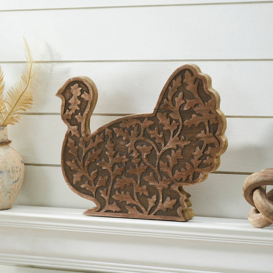 Dark Wood Carved Turkey Figurine, Feathered Farmhouse
