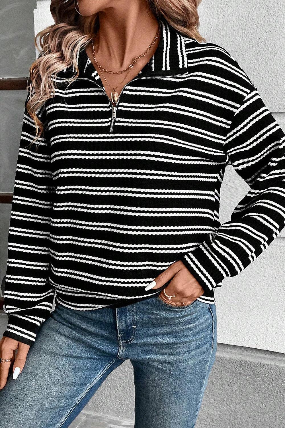 Stripe Textured Long Sleeve Top, Feathered Farmhouse