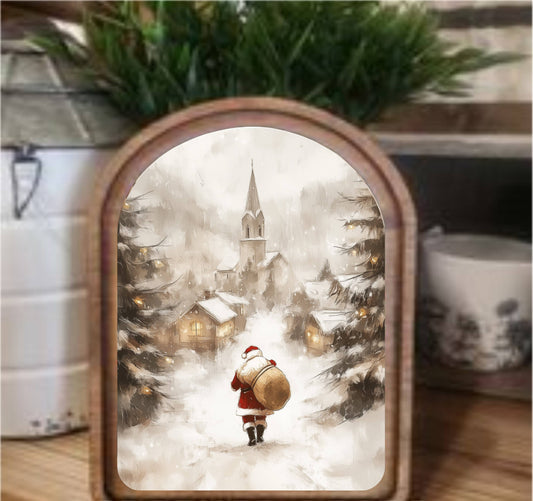 Village Santa Framed Art Arch Top, Feathered Farmhouse