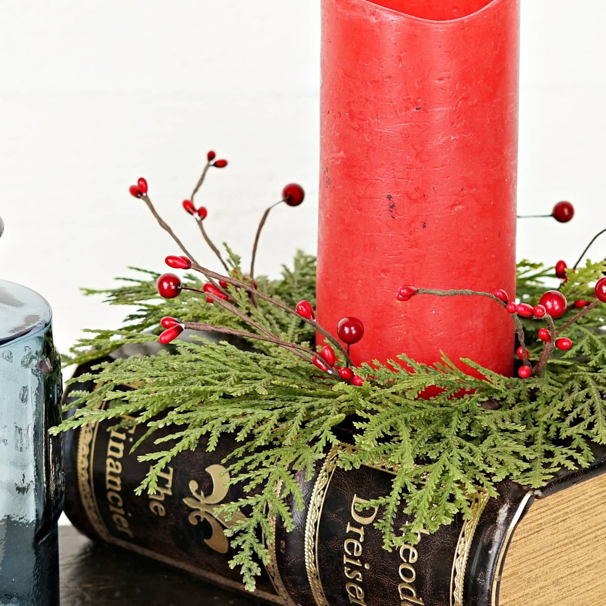 Cedar with Red Berries Soft Touch Candle Ring, Feathered Farmhouse