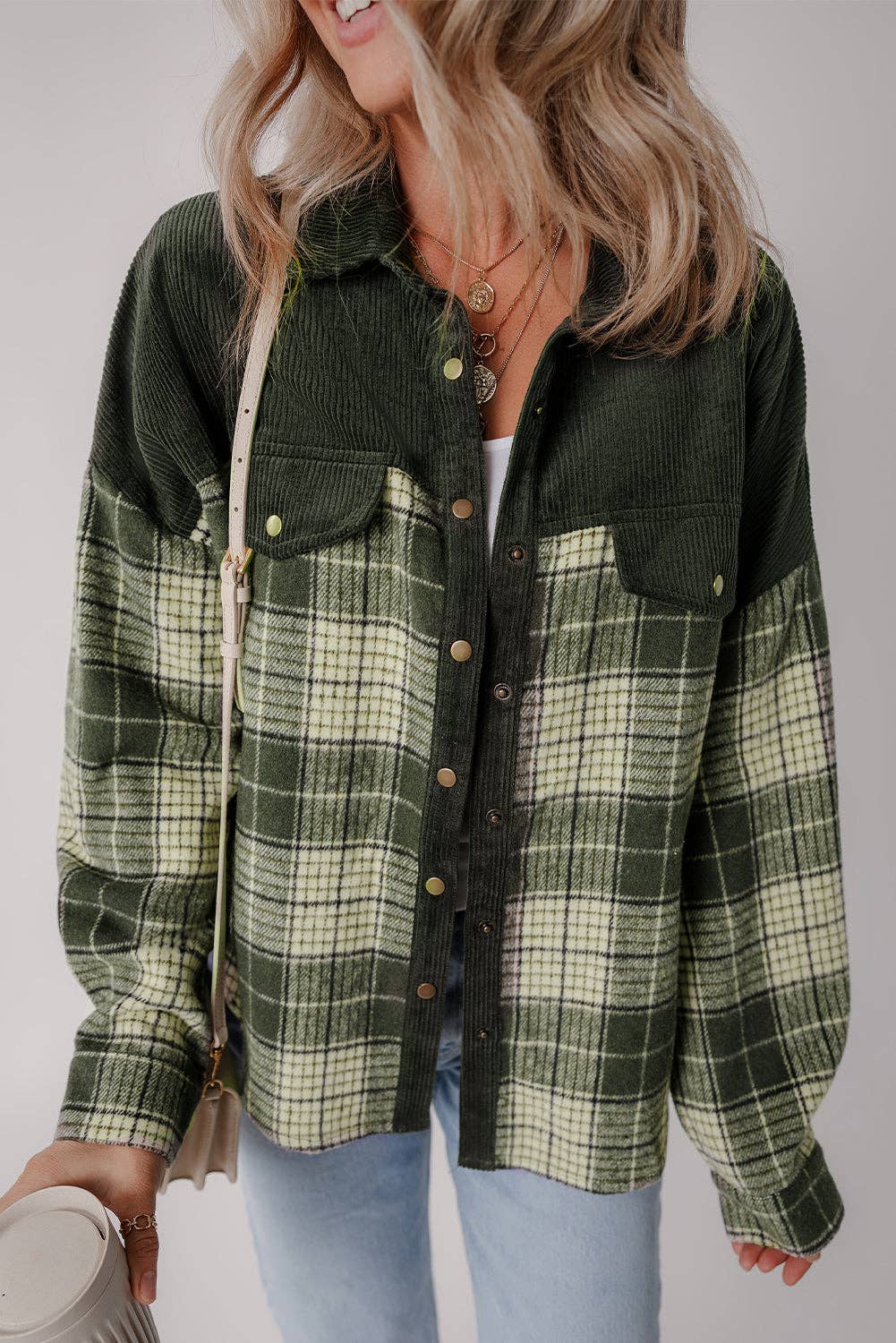 Blackish Green Snap Buttons Colorblock Plaid Shacket, Feathered Farmhouse