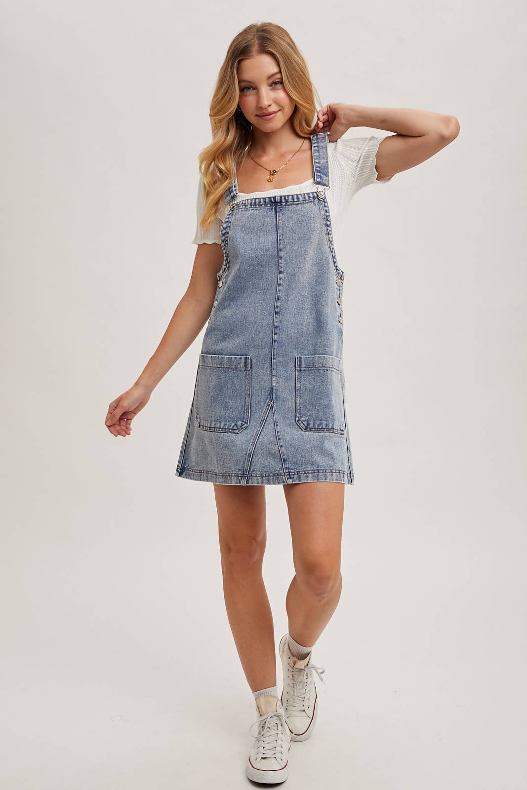 Denim Overall Mini Dress, Feathered Farmhouse