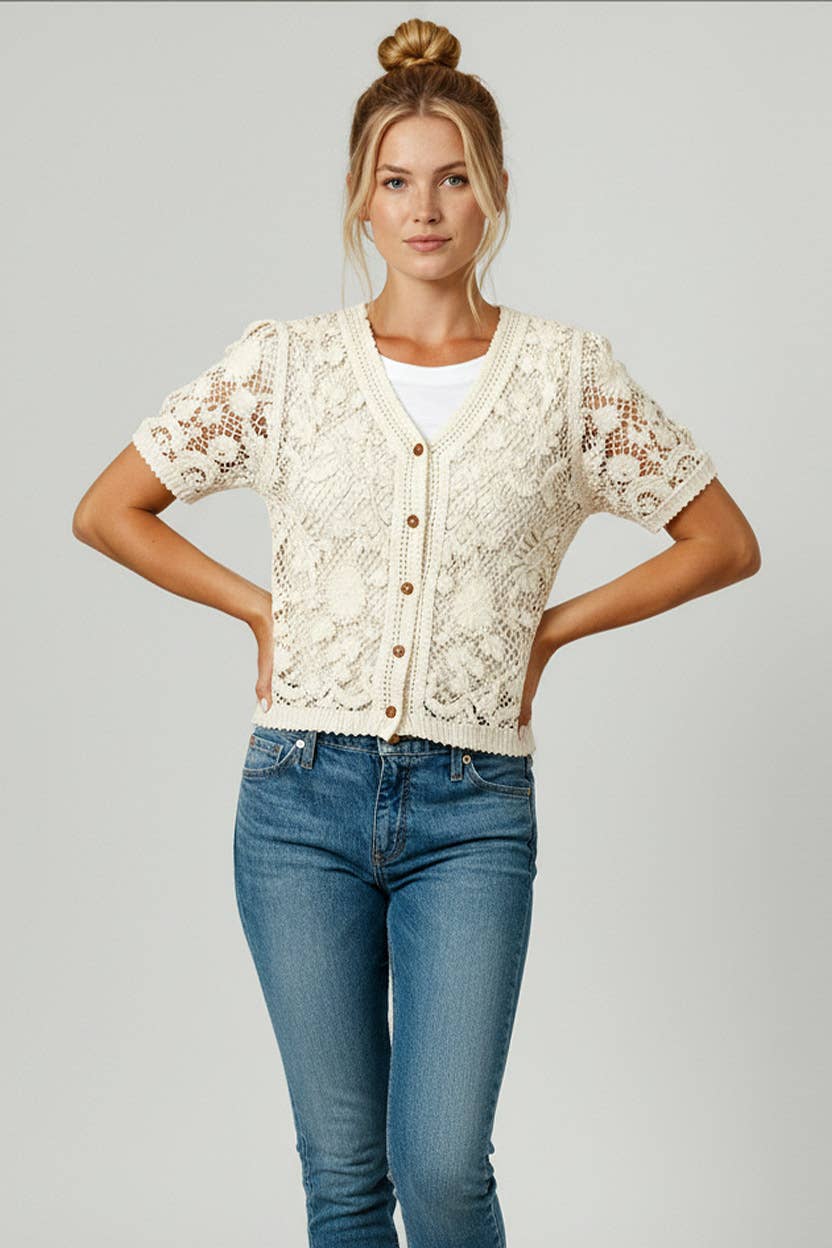 Button Down Short Sleeve Crochet Vest, Feathered Farmhouse
