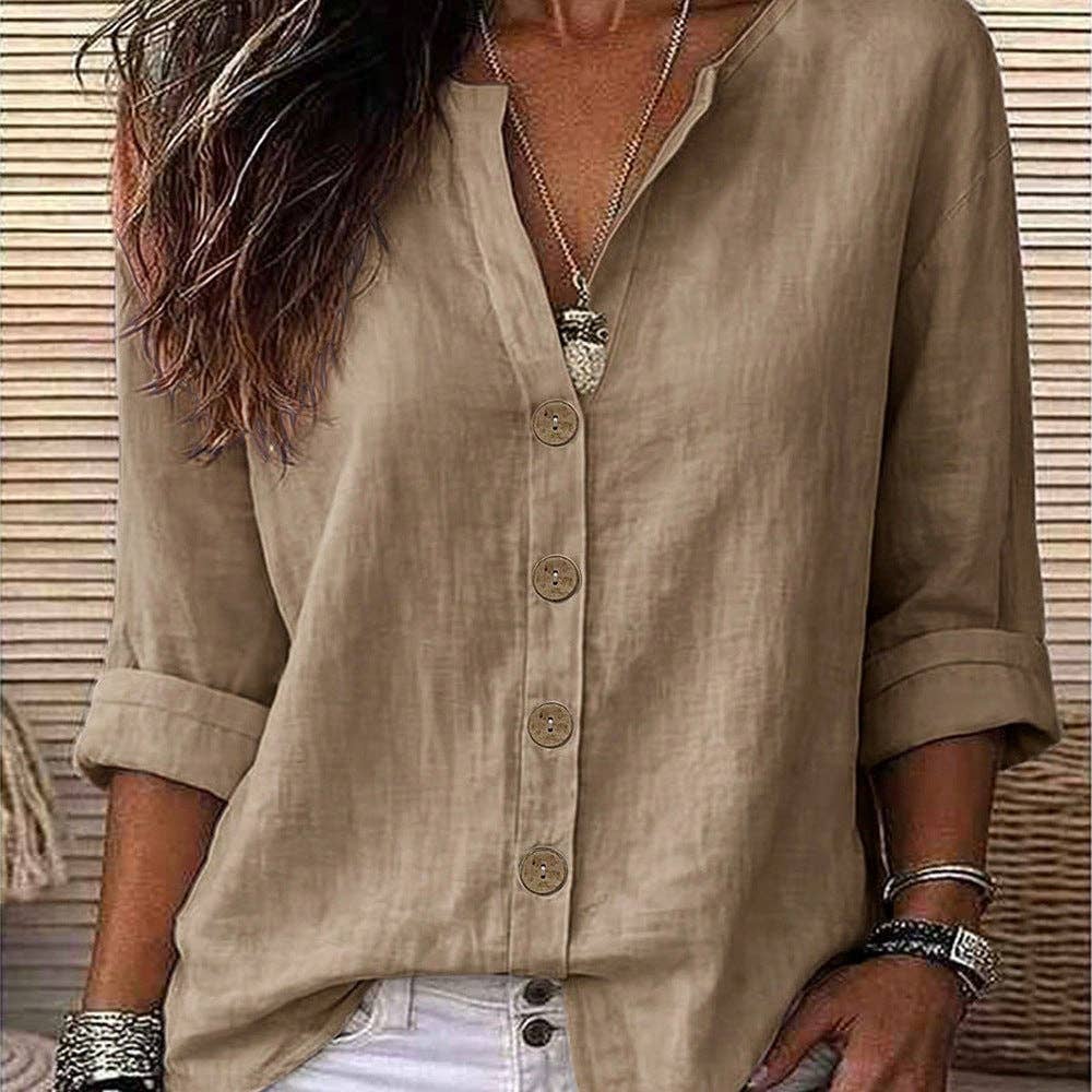 Khaki V Neck Button Up Roll Sleeve Blouse, Feathered Farmhouse