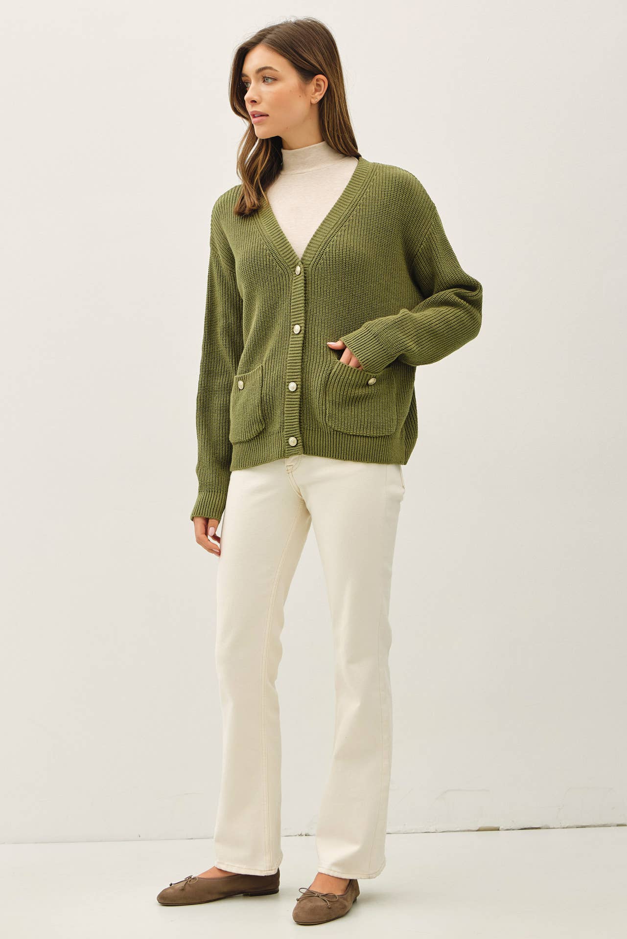 Olive Varsity Style Cardigan, Feathered Farmhouse