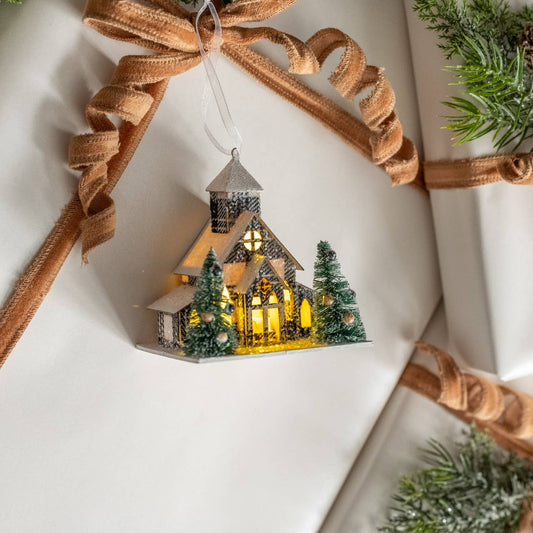 Plaid Lighted Church Ornament, Feathered Farmhouse