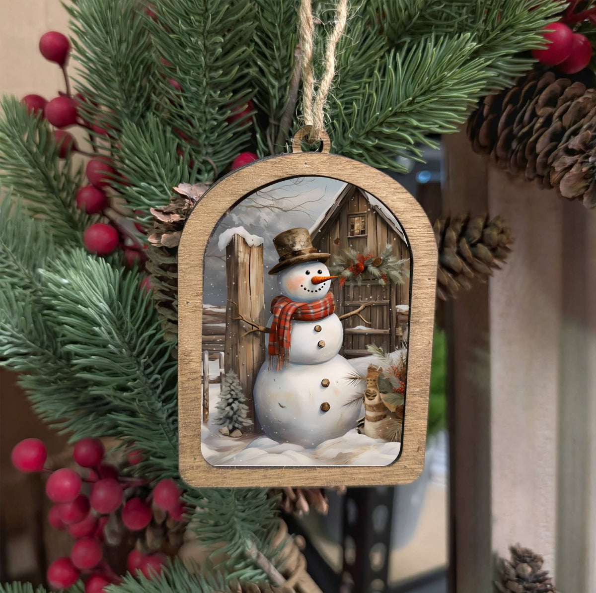 Canvas Arch Ornament Rustic Snowman, Feathered Farmhouse
