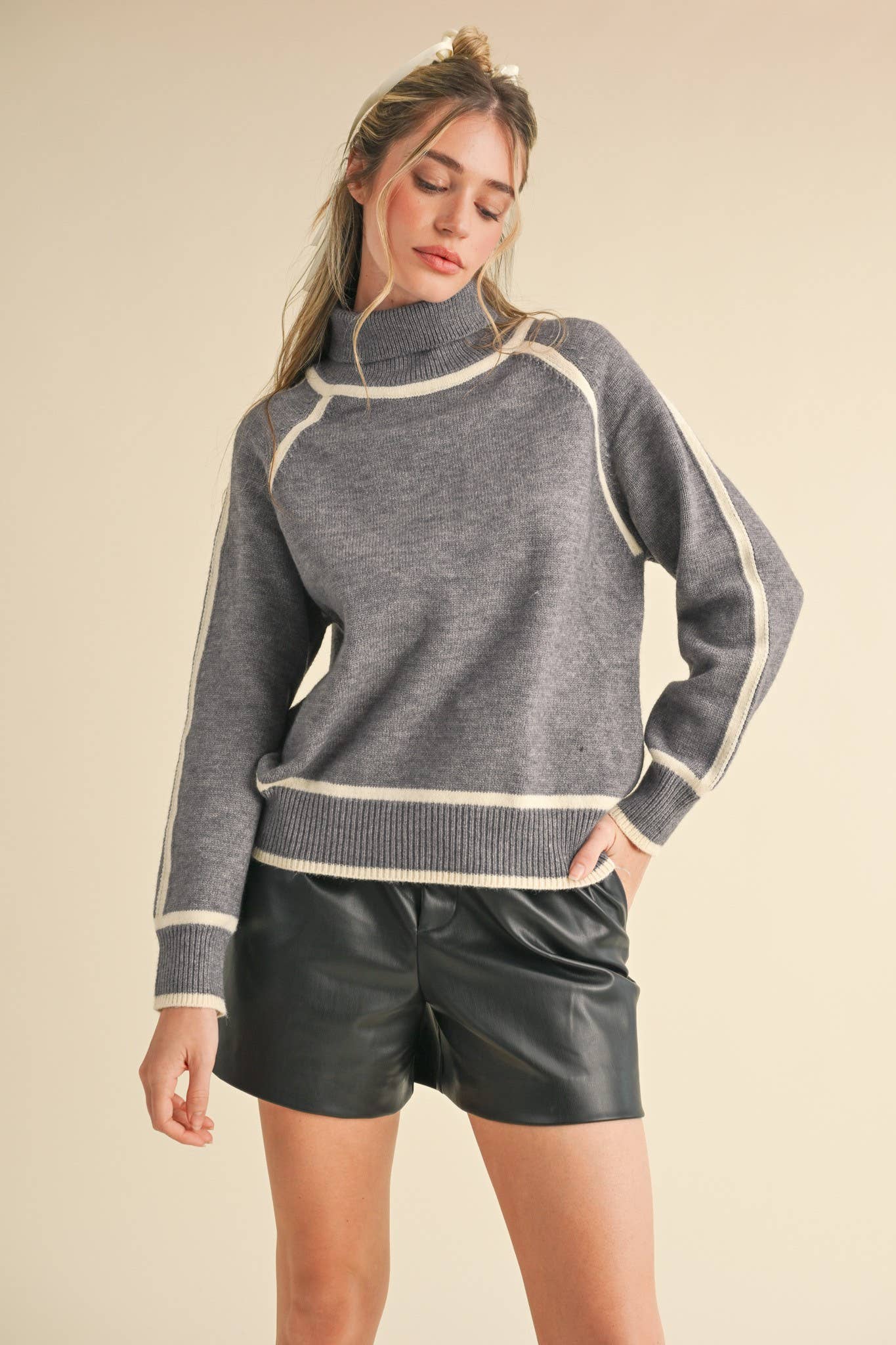 Contrast Trim Turtleneck Sweater, Feathered Farmhouse