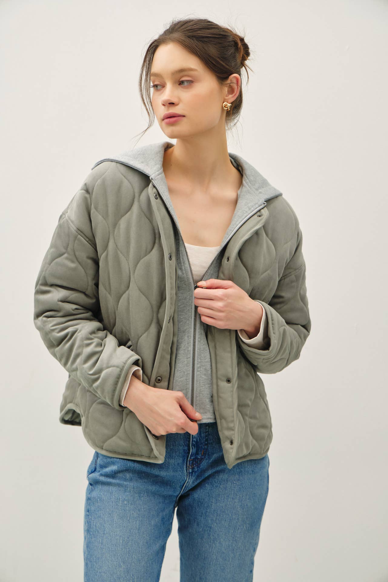 Olive Quilted Jacket with Attachable Hood, Feathered Farmhouse