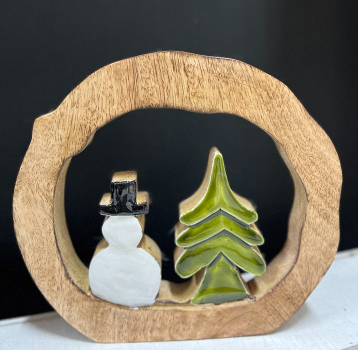 Enamel Snowman with Tree, Feathered Farmhouse