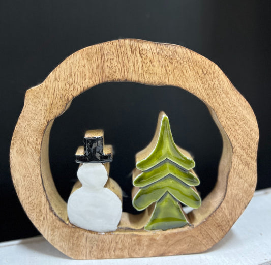 Enamel Snowman with Tree, Feathered Farmhouse