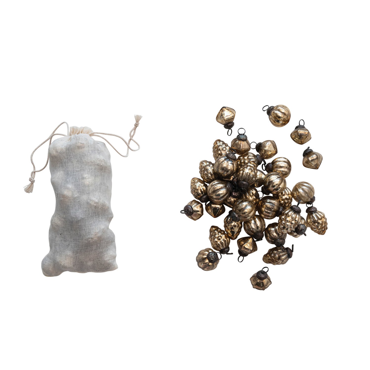 Embossed Mercury Glass Ornaments in Muslin Bag, Feathered Farmhouse