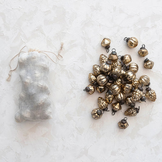 Embossed Mercury Glass Ornaments in Muslin Bag, Feathered Farmhouse