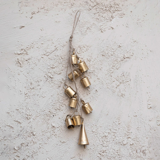 Handmade Hanging Metal Bells on Jute Rope, Feathered Farmhouse