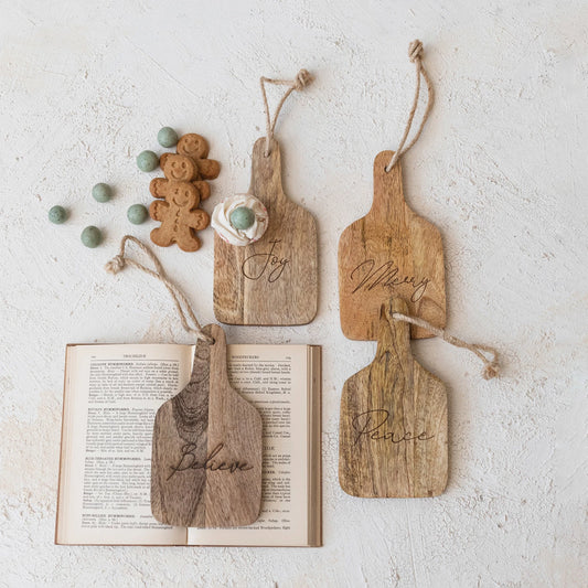 Mango Wood Cheese/Cutting Board w/ Laser Etched Word, Feathered Farmhouse