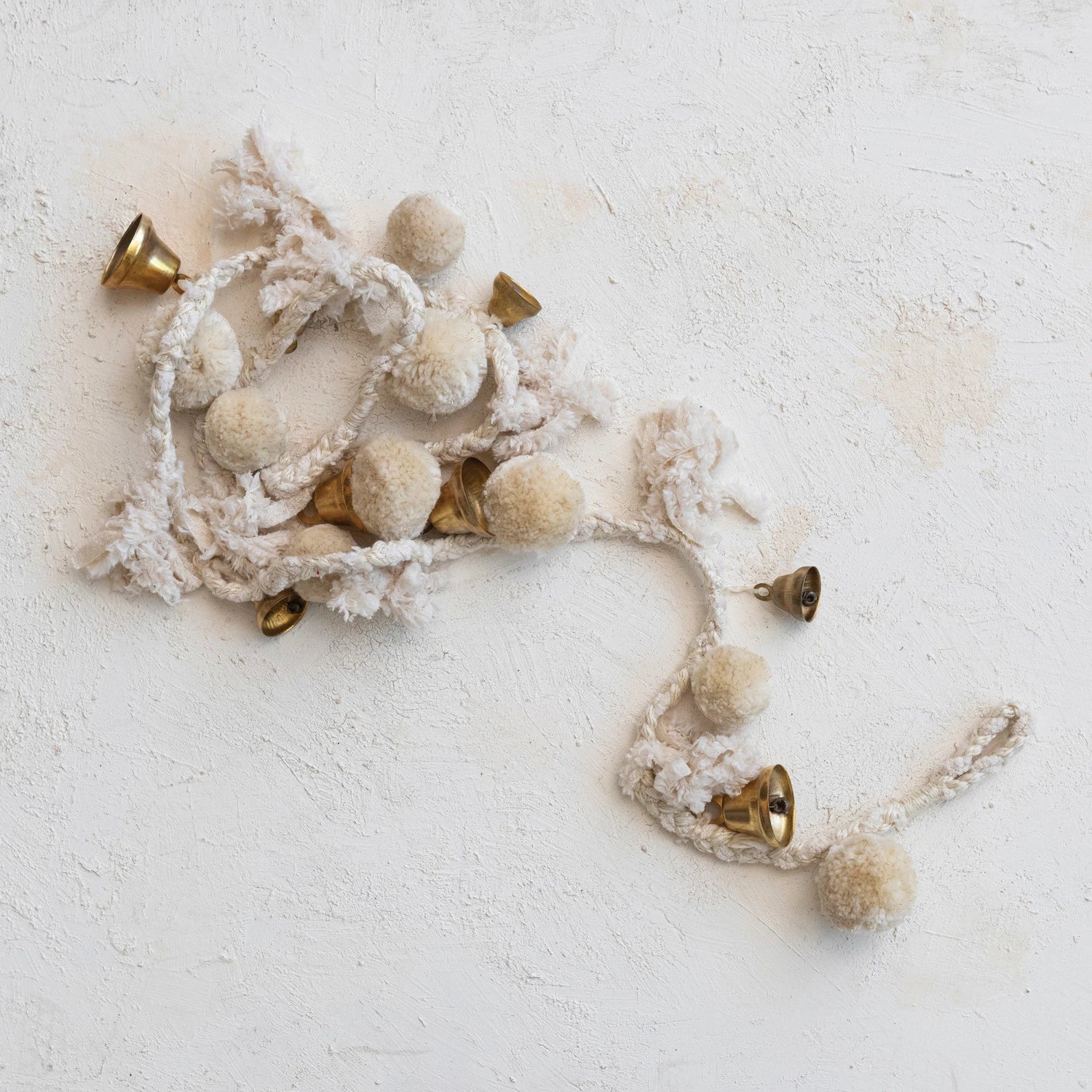 Handmade Wool & Cotton Blend Pom Pom & Bell Garland, Feathered Farmhouse