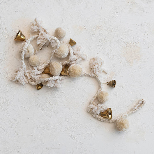 Handmade Wool & Cotton Blend Pom Pom & Bell Garland, Feathered Farmhouse