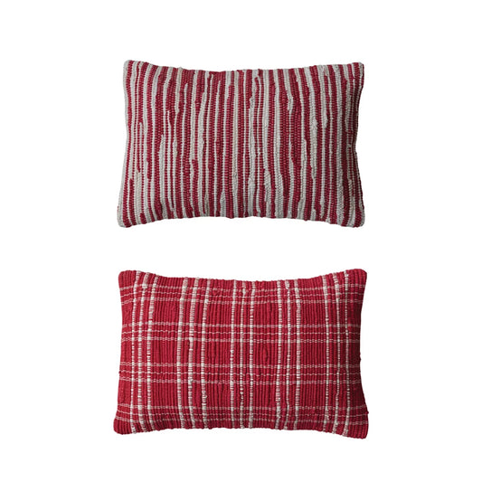 Hand-Woven Recycled Cotton Chindi Lumbar Pillow, Feathered Farmhouse