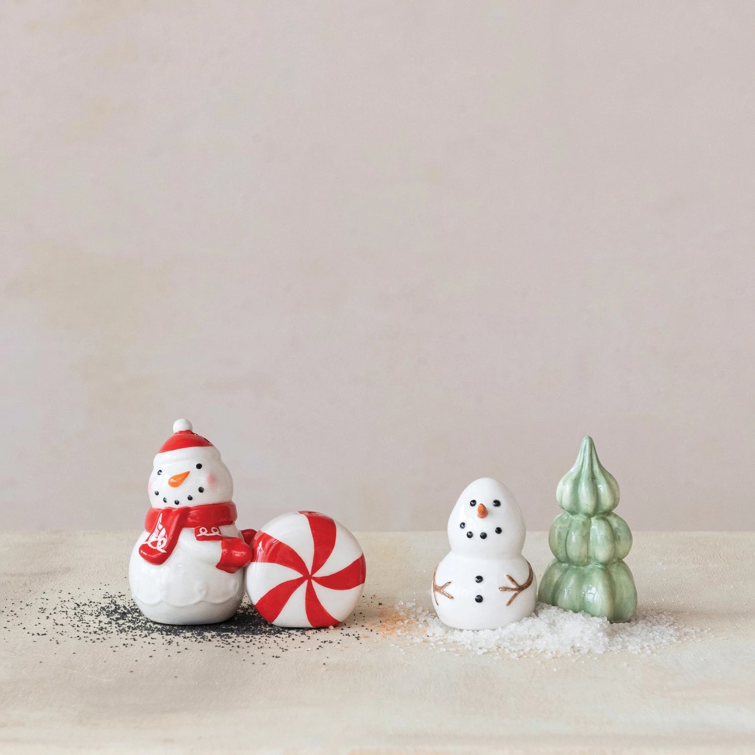 Stoneware Snowman & Tree Salt & Pepper Shakers, Feathered Farmhouse